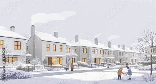 Cozy winter neighborhood with families playing in the snow. Peaceful snowy street lined with warm modern homes. Bright winter suburb where children enjoy snowy fun