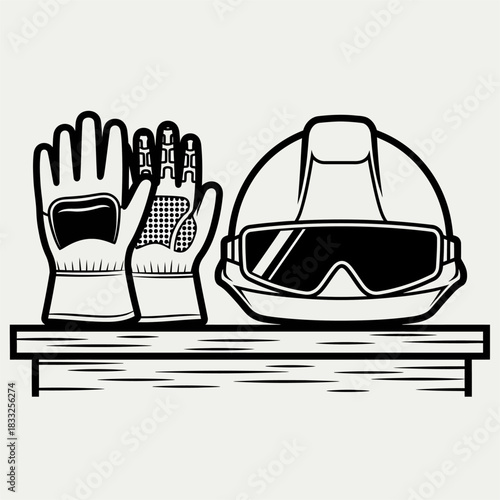 Safety Gear - Gloves and Helmet on Shelf, Essential Protection.
