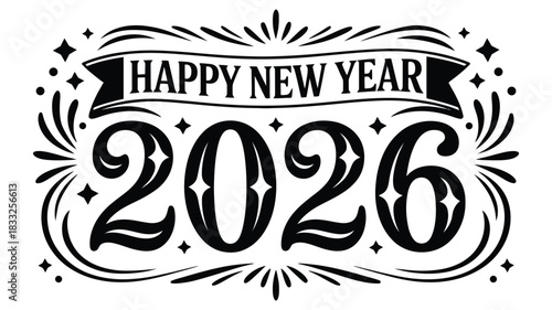 Vintage Decorative “Happy New Year 2026” Black Typography Design with Ornamental Flourishes, Stars, and Classic Holiday Celebration Styling