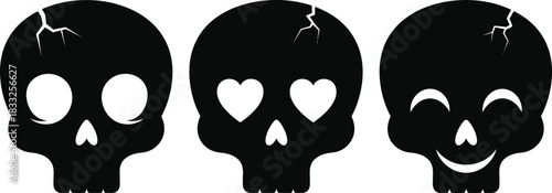 A collection of three cute black skull emoticons expressing emotions of love and happiness. Vector graphic illustration set for creative design 19.eps
