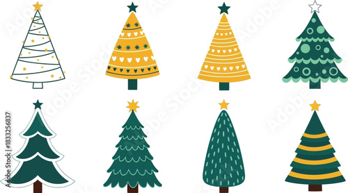 Collection of stylized Christmas trees with decorative ornaments and festive designs, ideal for seasonal greetings and holiday celebrations