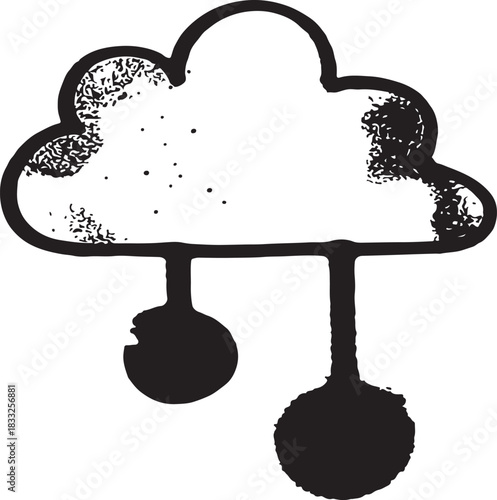 Illustration of grunge style hand drawn black and white icon representing a cloud with two descending circles, symbolizing data storage, download, or weather concept