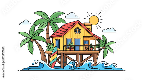 Tropical beach house on stilts with palm trees, surfboard, and ocean waves under bright sunny sky 