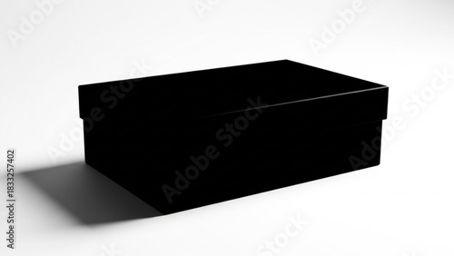 A sleek minimalist black rectangular box with a lid casting a soft shadow on a clean white background perfect for product presentation or design concepts
