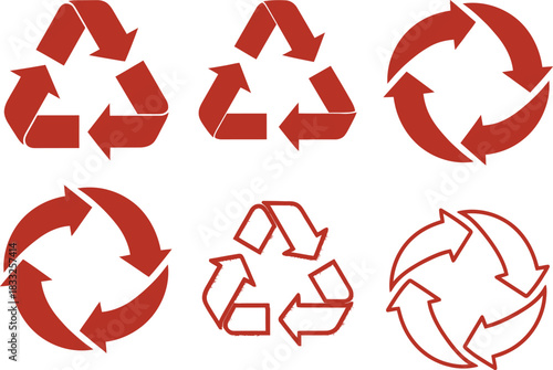 Collection of six distinct red recycling symbols and arrows on a white background, representing sustainability and environmental care