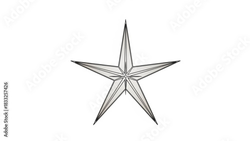 A stylized metallic five pointed star with sharp points and intricate internal lines isolated on a clean white background representing excellence and achievement