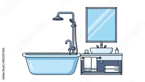 Bathroom interior with blue bathtub, shower, vanity, mirror, and sink setup