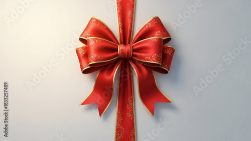 Luxurious red satin gift bow with elegant gold scroll pattern and ribbon tails isolated on a clean white background perfect for celebrations and special occasions