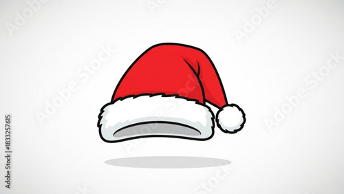 A classic red santa hat with white fur trim and a pom pom floats against a clean white background casting a subtle shadow