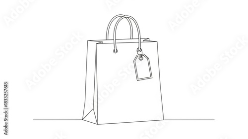Minimalist line art drawing of a shopping bag with a blank tag attached representing commerce retail and gift giving concepts on a clean white background