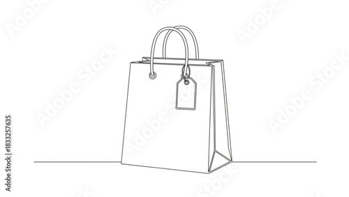 Minimalist single line drawing of a shopping bag with a price tag attached representing retail commerce and consumerism on a clean white background
