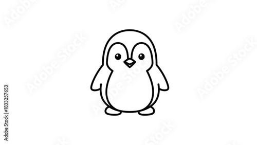 A simple and cute black and white line drawing of a cartoon penguin standing and looking forward with big eyes and a small beak isolated on a white background