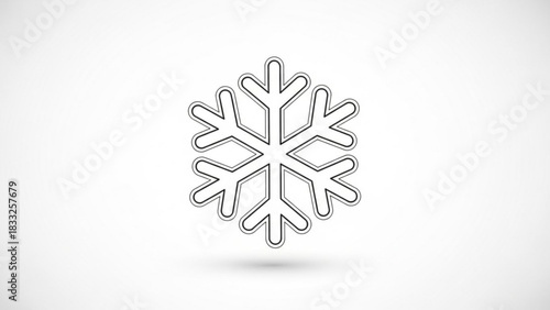 A minimalist black outline of a snowflake icon with a subtle shadow on a clean white background representing winter and cold