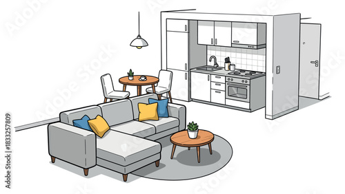 Sketch of modern apartment interior with living room and compact kitchen