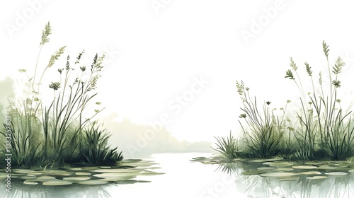 Wallpaper Mural Hand painted watercolor illustration depicts marsh grasses and foliage growing along the edge of still water Torontodigital.ca