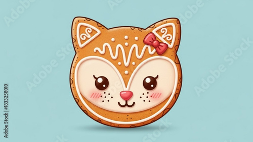 Adorable fox face shaped gingerbread cookie with cute frosting details and a pink bow isolated on a soft blue background perfect for holiday baking and sweet treats