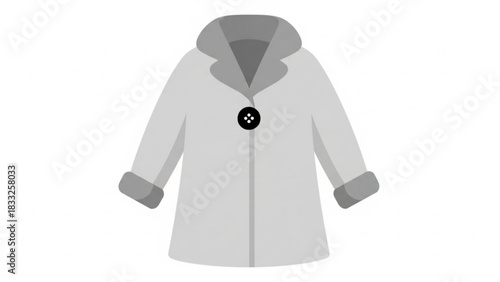 A simple modern flat design illustration of a light gray winter coat with a dark button and gray trim on a white background