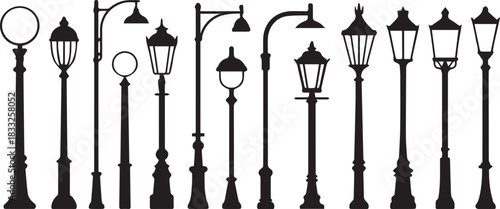 Various vintage lampposts silhouettes street light