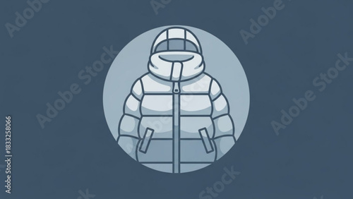 Stylized illustration of a light blue puffer jacket with a hood and pockets presented in a circular frame against a dark blue background