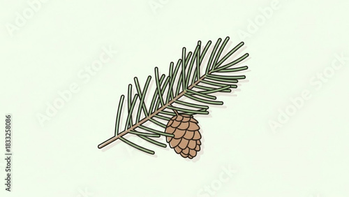 A stylized illustration of a pine branch with a single pinecone hanging from it set against a pale green background with subtle shadow