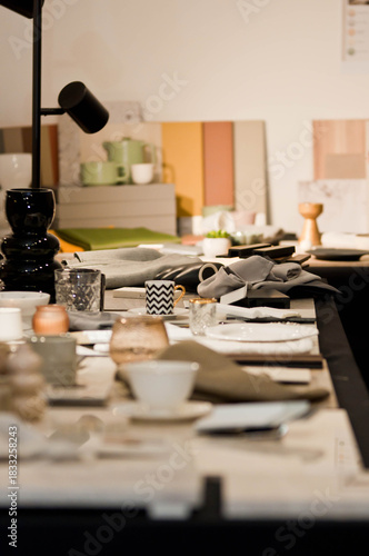 A collection of decorative material samples and color swatches displayed on a design studio table, accompanied by autumn-inspired floral arrangements. The setup includes various tile samples, trim pro