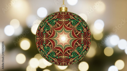A single ornate christmas ornament with intricate red green and gold fractal patterns hangs against a soft focus background of glowing warm lights and blurred greenery
