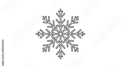 A stylized black outline of a classic six pointed snowflake on a clean white background representing winter and cold weather