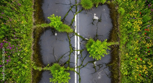 Abandoned Road Reclaimed by Nature — Aerial Top View of Ruin & Regrowth