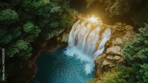 Aerial view of a powerful waterfall cascading into a turquoise pool surrounded by lush green jungle foliage at sunset 4k video