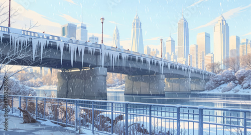 Frozen city bridge with hanging icicles over icy river. Snowy skyline framed by a bridge covered in winter ice. Frosty urban bridge stretching above a chilled waterway
