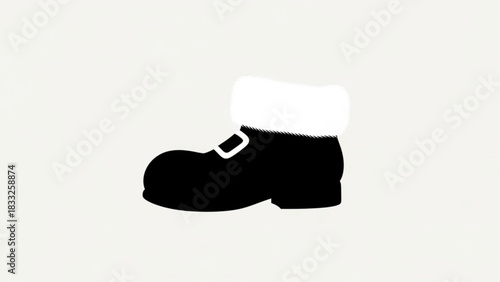 A stylized black silhouette of a single boot with white fur trim and a buckle against a plain light background evoking a festive holiday or winter theme