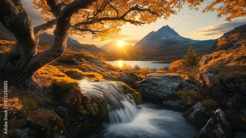Dramatic autumn landscape with golden sunlight over a mountain lake, waterfall, and gnarled tree in the foreground 4k video