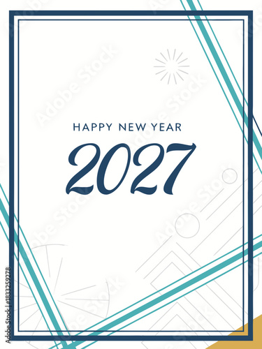 Happy New Year 2027 Illustration – Business Figures with Clock & Curved Lines in Blue-White Corporate Theme