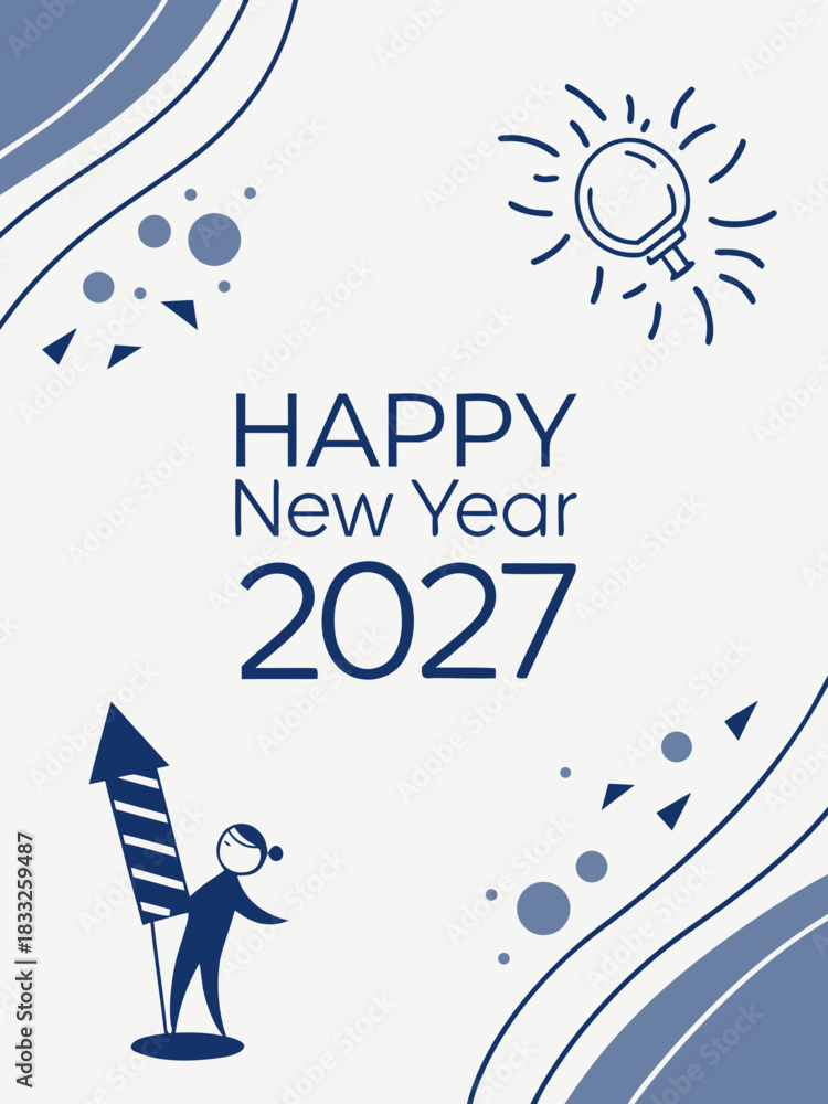 Fototapeta premium Happy New Year 2027 Illustration – Firework Rocket & Light Bulb Sketch in Blue-White Celebration Theme