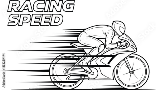 Motorcyclist racing at high speed in a dynamic black and white line art illustration