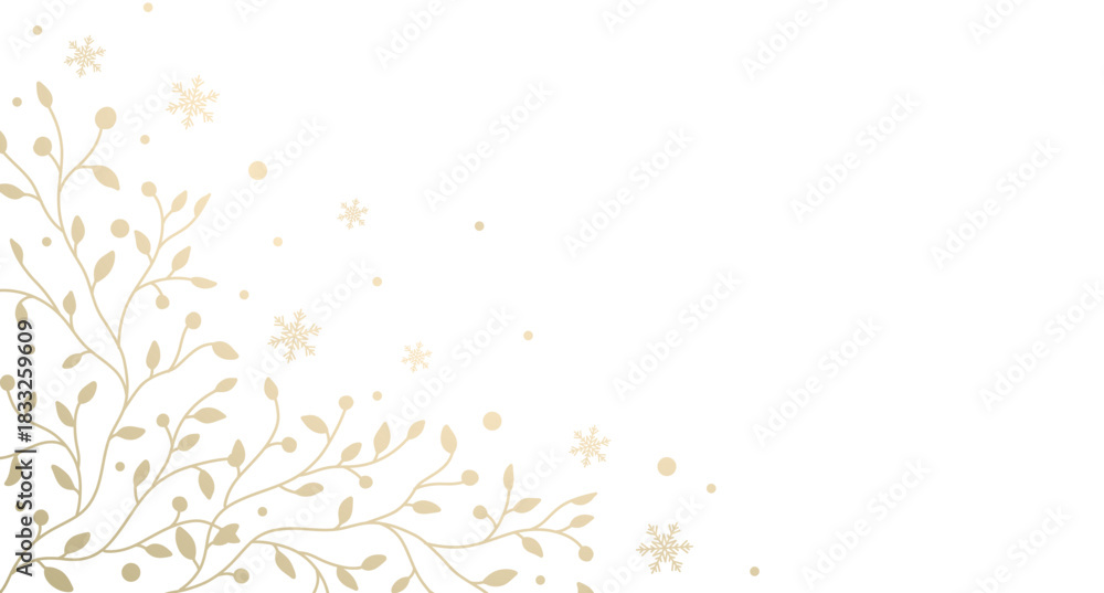 Fototapeta premium Winter golden floral background. Corner. Luxury Christmas frame with branches, leaves and snow. Vector illustration with elegant hand drawn winter botanical decorative elements