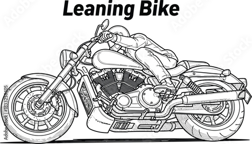 Detailed line art of a leaning motorcycle with a rider on a white background