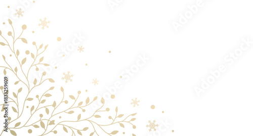Winter golden floral background. Corner. Luxury Christmas frame with branches, leaves and snow. Vector illustration with elegant hand drawn winter botanical decorative elements