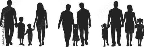 PrintBlack Silhouette Vector Illustrations of Parents and Children Walking Together, Representing Happy Families, Parenthood, Childhood, and Growing Up with Loved Ones.