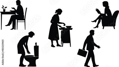 PrintBlack Silhouette Vector Illustrations of People Performing Everyday Daily Activities like Working, Cooking, Reading, Cleaning the Toilet, and Commuting to Work.