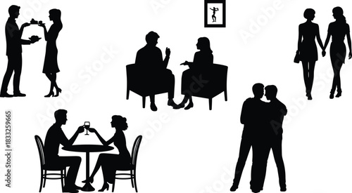 PrintBlack Silhouette Vector Illustrations of Romantic Couples Standing, Hugging, Toasting Wine Glasses, and Conversing at a Dinner Date or Social Gathering.