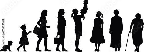PrintBlack Silhouette Vector of a Woman's Life Stages from Baby, Girl, Teenager, Mother, Adult, to Senior with Cane, Representing Aging and Growth.