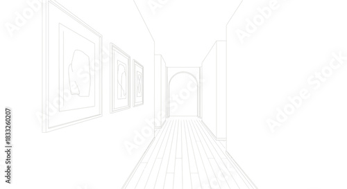 Minimalist line drawing of a hallway with framed art and arched doorway design