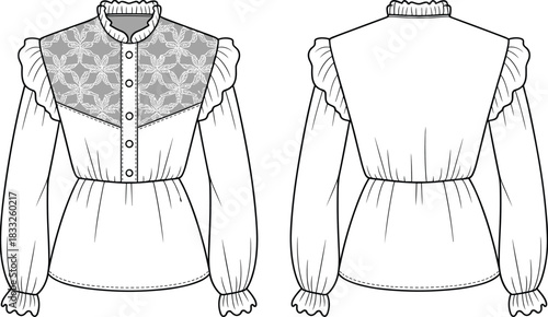 PrintBlouse sketch, fashion illustration, puff sleeve, ruffled neckline, lace yoke, button front, garment design, technical drawing, black white outline