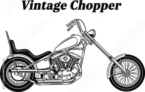 Detailed line art of a vintage chopper motorcycle isolated on a white background