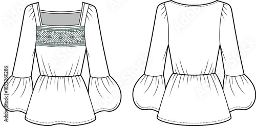 PrintBlouse sketch, fashion illustration, square neckline, bell sleeve, lace panel, cinched waist, technical drawing, garment design, black white outline
