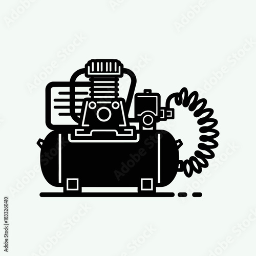 Air compressor black and white illustration of industrial equipment.