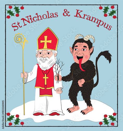 Vector illustration of St Nicholas and Krampus