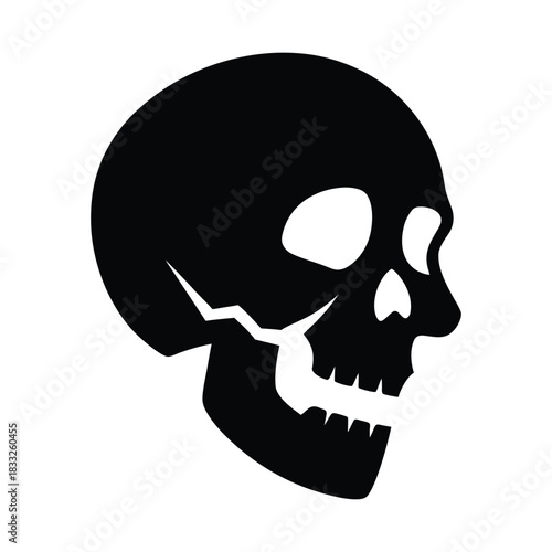 Simple black skull silhouette featuring distinctive jaw fracture minimal graphic Vector illustration