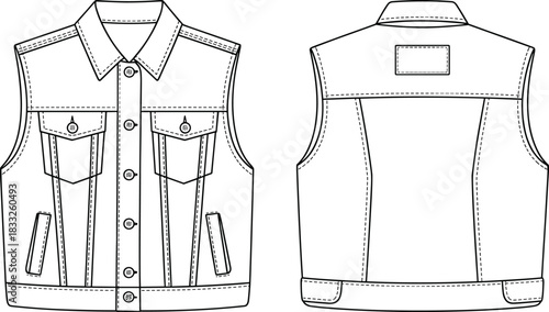 PrintDenim vest sketch, fashion illustration, sleeveless design, button front, chest pockets, technical drawing, garment construction, black white outline